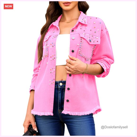 Oversized Denim Jacket with Rhinestones Pearls Frayed Hem Pockets